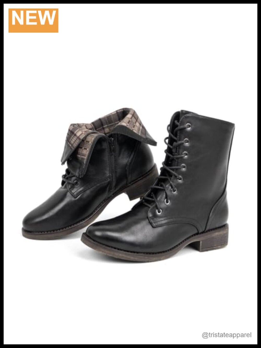 Mid Calf Combat Boots Lace-Up Low Heel Faux Leather Zip